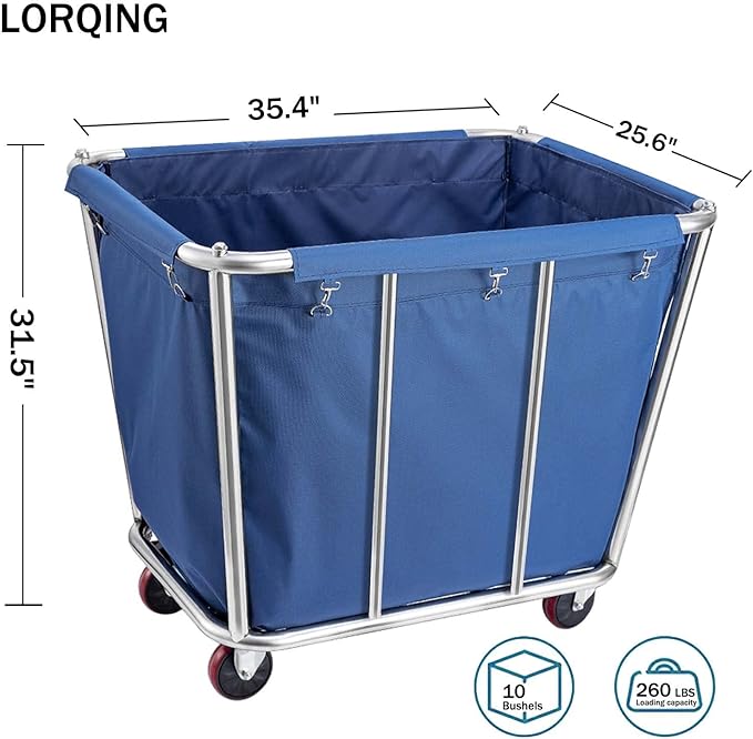 Laundry Cart Commercial/Home,10 Bushels Heavy Duty Large Stainless Steel Rolling Laundry Basket with Wheels，for Laundry/Toys/Sundries Organizer and Storage,260LBS Load
