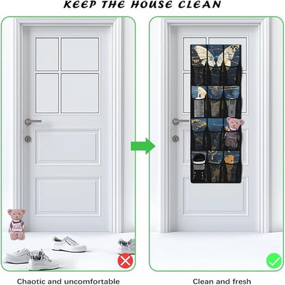 Butterfly Night Over The Door Shoe Organizers with 12 Pockets,Quick Dry Mesh Organizer Hanging for Pantry Bathroom Closet,Mesh Pocket Over the Door Shoe Organizer for RV,Pantry