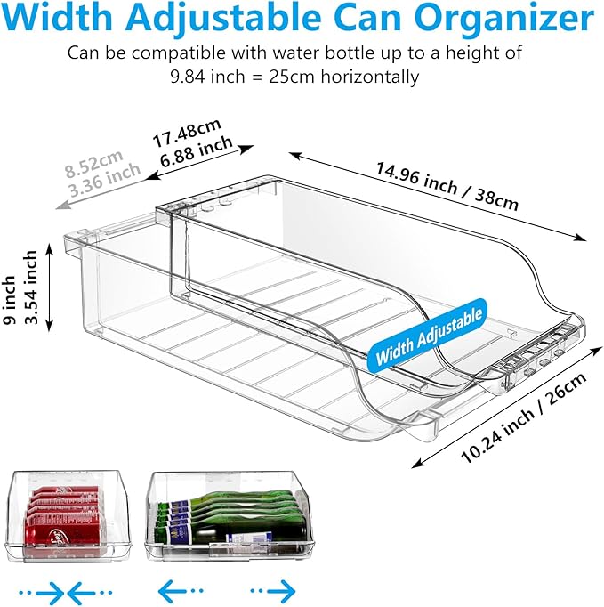 Rolling Soda Can Organizer and 2 Packs Clear Width Adjustable Soda Can Organizer for Refrigerator for Beer Soda Seltzer Drink Pop Cans Holder Storage Pantry Organization