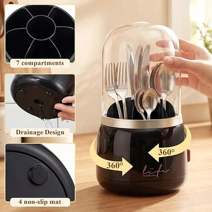 2 Pack 360° Rotating Silverware Organizer, Utensil Holder with Lid for Kitchen Counter Silverware Caddy with Drainage Dustproof Flatware Holder for Cutlery Spoon Fork(Black,7 Slot)