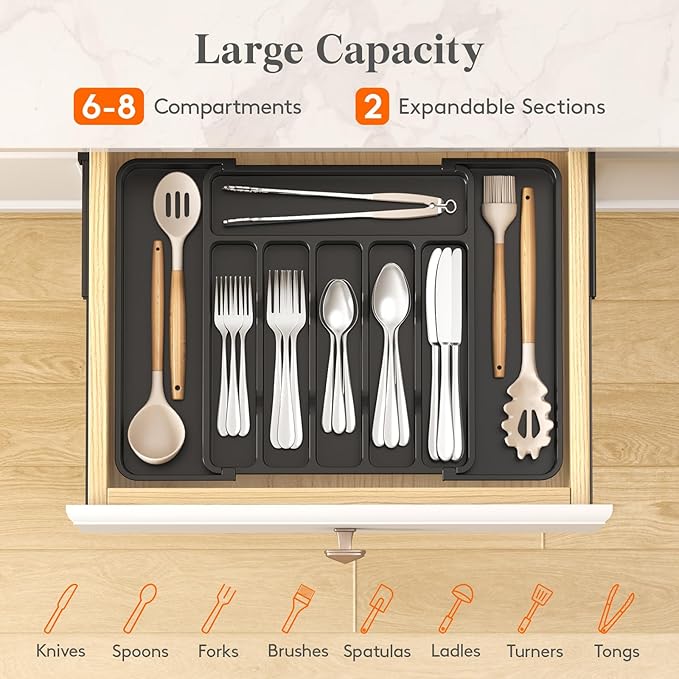 Lifewit Expandable Silverware Drawer Organizer for Kitchen, Adjustable Utensil Tray, BPA Free Plastic Flatware and Cutlery Holder for Spoons Forks Knives, 12.2"-18.9" x 13.8", Black