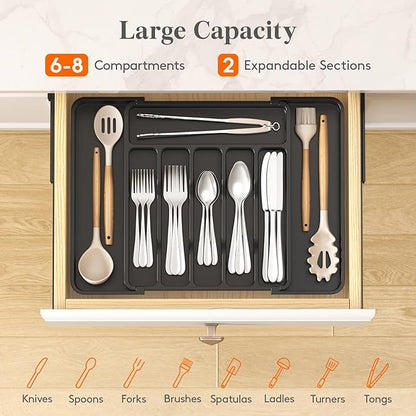 Lifewit Expandable Silverware Drawer Organizer for Kitchen, Adjustable Utensil Tray, BPA Free Plastic Flatware and Cutlery Holder for Spoons Forks Knives, 12.2"-18.9" x 13.8", Black