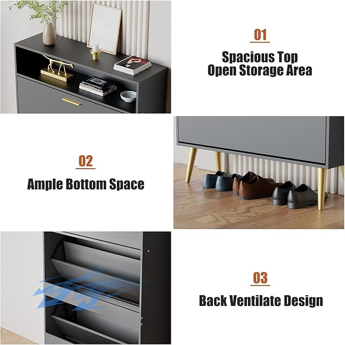 JOZZBY Shoe Cabinet for Entryway, Narrow Shoe Storage Cabinet with 2 Flip Drawers, Freestanding Hidden Shoe Rack Storage with Open Shelves for Hallway, Living Room