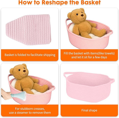ShellKingdom Storage Basket with Handles, Empty Gift Basket for Christmas with Gift Bags and Ribbon, Small Woven Baskets for Home, Nursery Storage Organizer, 12 X 8 X 5 INCH Pink