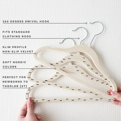 3 Sprouts Velvet Baby Hangers - Non-Slip Hangers for Infant and Toddler Clothes - Slim Space-Saving Design with Nordic Colors for Nursery - 30 Pack - Double Dot & Beige