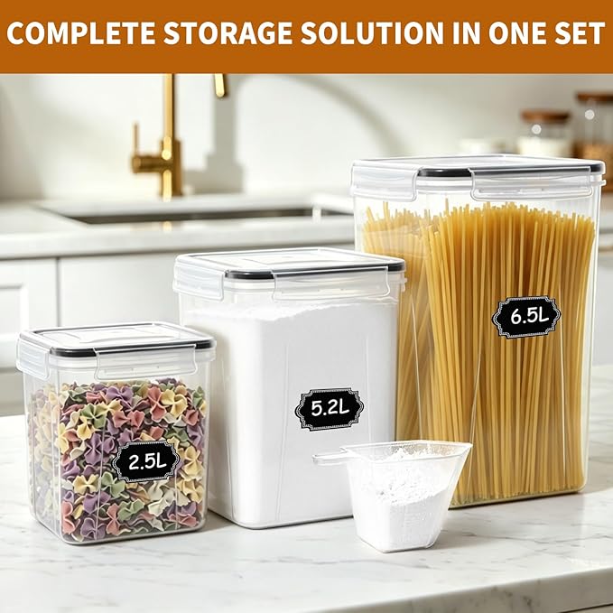 Flour Sugar Storage Containers, 10 Pack Large Airtight Food Storage Containers with Lids for Kitchen Pantry Organization and Storage, BPA Free Plastic Canisters Sets for Cereal, Rice and Baking