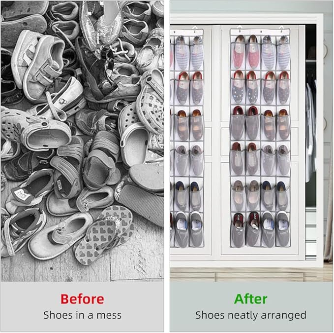 HURRISE 2Pcs 24 Large Pockets Over The Door Shoe Organizer, Hanging Shoe Organizer Holds Up to 40 lbs with 24 Mesh Large Pockets Door Shoe Rack Organizer for Door Mesh Closet Shoe Holder Hanger