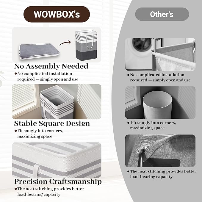WOWBOX 2 Pack Laundry Baskets, Laundry Hampers, Freestanding Dirty Clothes Hampers with Reinforced Handles & Cross Stitch & Waterproof Coating, for Laundry Bedroom Bathroom Dorm,75L Grey