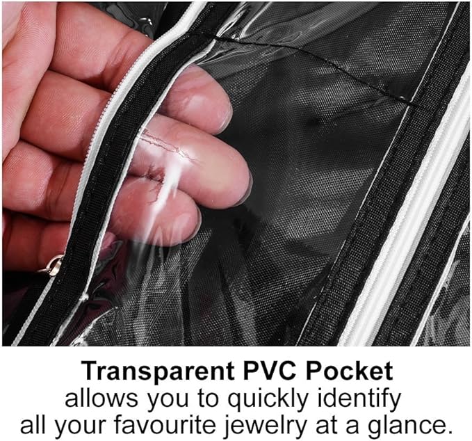 56 Pockets Large Zippered Dual Sided Jewelry Hanging Organizer Necklace Earrings Bracelets Rings Accessories Storage Bag Wall Mounted Door Cabinet Hanger Holder Clear Pouch Display Foldable