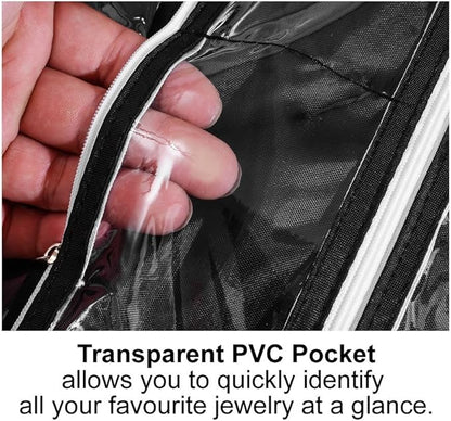 56 Pockets Large Zippered Dual Sided Jewelry Hanging Organizer Necklace Earrings Bracelets Rings Accessories Storage Bag Wall Mounted Door Cabinet Hanger Holder Clear Pouch Display Foldable