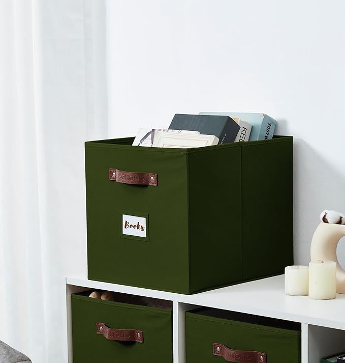 DECOMOMO Storage Baskets, 13x15x13 Storage Cube Bins with Labels for Organizing Shelves Kallax (Kallax / 4pcs, Olive Green)