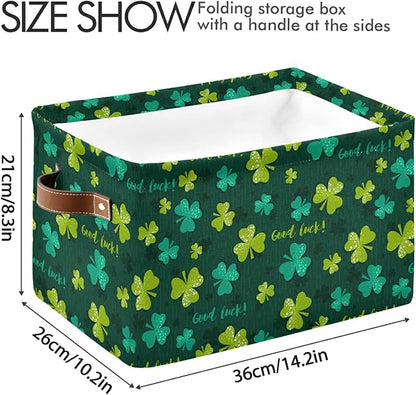 Bolaz Large Storage Basket St Patrick Day Shamrocks Clover Lucky Leaf Foldable Storage Box Organizer Bins with Handles for Bedroom Home Office