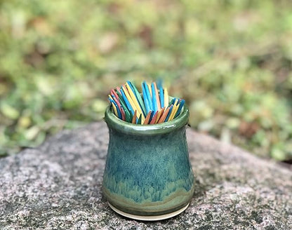 Small Pottery Toothpick Holder, Ceramic Vase, Green Apple with Blue Swirl