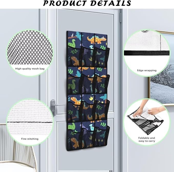 Over the Door Organizer with 12 Mesh Pockets, Space Saving Hanging Storage for Bedroom, Bathroom, Pantry, Clear View Window & Reinforced Mesh Pockets,Dinosaur