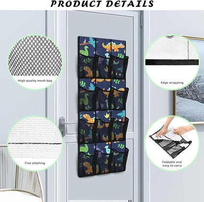 Over the Door Organizer with 12 Mesh Pockets, Space Saving Hanging Storage for Bedroom, Bathroom, Pantry, Clear View Window & Reinforced Mesh Pockets,Dinosaur