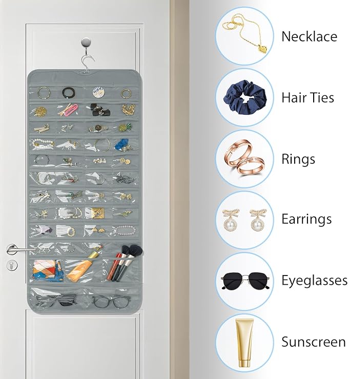 Bloss Hanging Jewelry Organizer With 90 Pockets,Earring Holder Organizer Storage For Valentine's Day Gift,Double-Sided Jewelry Holder for Earrings, Necklaces, Rings on Closet,Wall,Door(Grey)