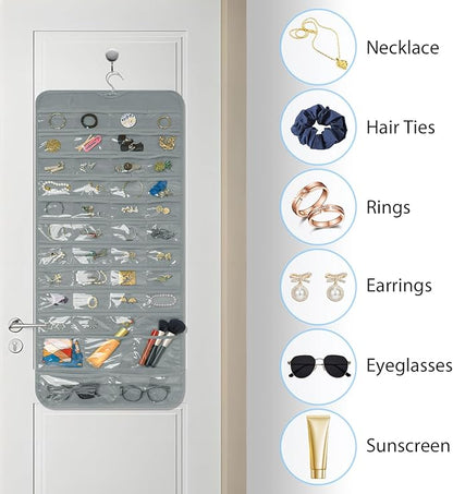 Bloss Hanging Jewelry Organizer With 90 Pockets,Earring Holder Organizer Storage For Valentine's Day Gift,Double-Sided Jewelry Holder for Earrings, Necklaces, Rings on Closet,Wall,Door(Grey)