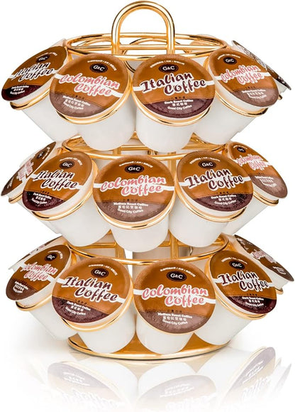 Coffee Pod Holder, K Cup Holders Carousel Organizer ,27 Coffee Pods Storage Compatible with K Cups, Spins 360-Degrees, Modern Gold Design ，Round,Shining Gold,3 Tier Home or Office Kitchen Counter Organizer