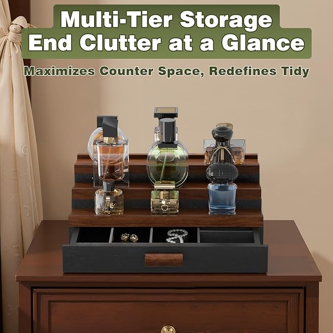Perfume Cologne Organizer for Men: 3 Tier Wooden Perfumes Stand, Desktop Parfum Holder Wood Display Shelf with Cabinet, Bedroom Dresser Makeup Lotion Jewelry Storage Rack with Drawer