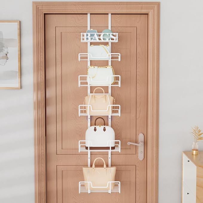 HapiRm Over Door Purse Organizer - Adjustable Purse Storage Rack with Bags Design Metal Basket, Wall Mounted Handbag Organizer, Hanging Handbag Holder, Can Use As 1/2 Part Detachable, White