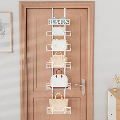 HapiRm Over Door Purse Organizer - Adjustable Purse Storage Rack with Bags Design Metal Basket, Wall Mounted Handbag Organizer, Hanging Handbag Holder, Can Use As 1/2 Part Detachable, White