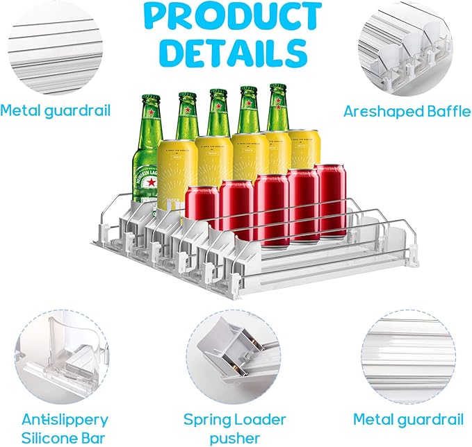 Drink Organizer for Fridge,Automatic Smooth Pusher Glide Fridge Organizer, Soda Dispenser with Width Adjustable, Beverage Organizer for Freezers, Supermarkets, Retail Stores