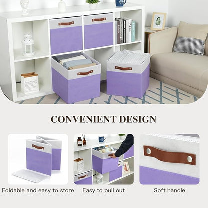 Temary Foldable Cube Baskets 4Pack - Clothes Shelf Storage with Handles, Fabric Storage Organizer Bins (White&Purple, 13x15x13 Inch)