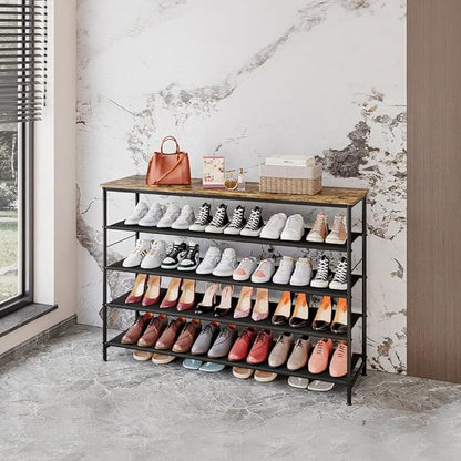 INGIORDAR Shoe Rack Organizer 5 Tier Metal Organizer Shelf with Industrial MDF Board and Layer Fabric for Entryway Closet Bedroom Living Room Garage (Black+Rustic Brown, 5 Tier(47.2" W))