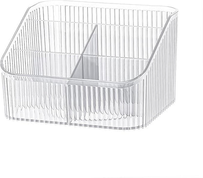 DASITON Large Capacity Makeup Brush Holder,5 Slot Makeup Brush Cup,Vintage striped Make Up Brush Holder,for Vanity Decor,Bathroom Countertops,Desk Storage Container,Cosmetic Display cases(Clear-L)