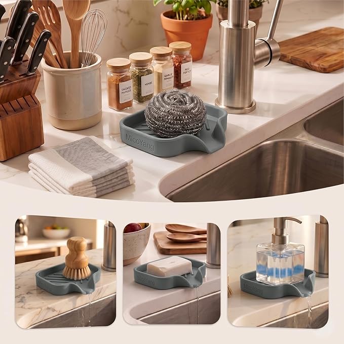 MicoYang Silicone Bathroom Soap Dishes with Drain Spout-Bathroom and Kitchen Sink Organizer,Sponge Holder,Dish Soap Tray,Perfect for Dispenser,Scrubber,Bottle,Cup on Sink or Counter-Grey 4.9"×3.2"