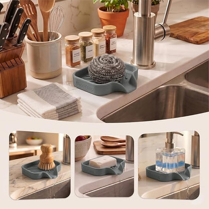 MicoYang Silicone Bathroom Soap Dishes with Drain Spout-Bathroom and Kitchen Sink Organizer,Sponge Holder,Dish Soap Tray,Perfect for Dispenser,Scrubber,Bottle,Cup on Sink or Counter-Grey 4.9"×3.2"