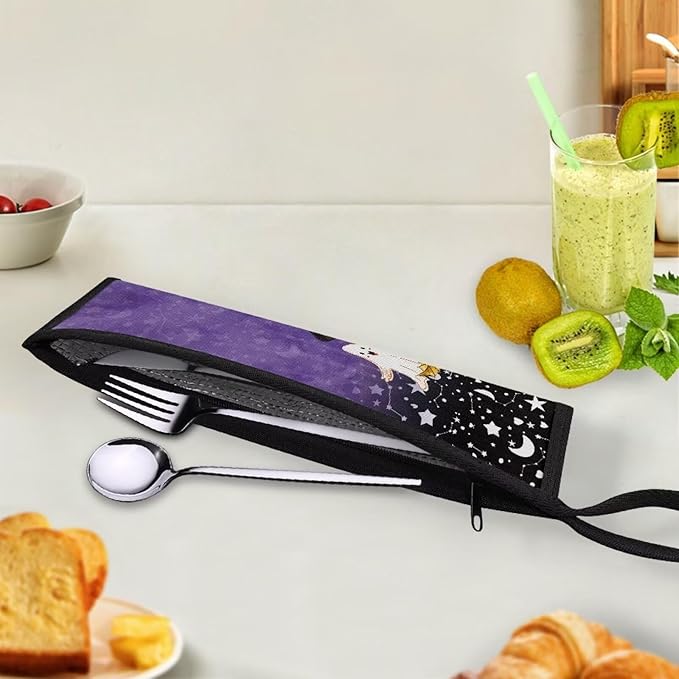 COEQINE 11.8 x 2.7 inch Halloween Utensil Case Holder for Portable Lightwieght Leafproof Travel Accessories Case Black Cats Pumpkin Themes Fork Spoon Knife