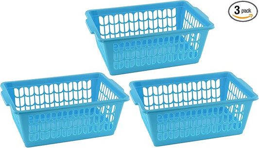 YBM HOME Plastic Perforated Storage Basket Bin Office Drawer, Shelf Desktop Countertop Tray Organizer 32-1188 (3, Blue)