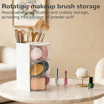 Rotating Hair Accessory Organizer, 3-Tier Transparent Storage Container with Makeup Brush Holder, Hair Clip and Jewelry Display Stand, Office organizer