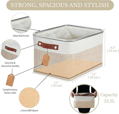 DECOMOMO Storage Bins, Large Fabric Storage Baskets for Shelves, Decorative Linen Closet Organizer, 15 x 11 x 9.5 inches (Beige & White, 4 Pack)