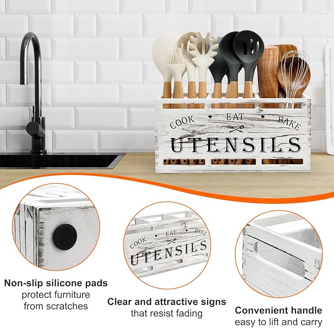 Wood Large Utensil Holder for Kitchen Counter Spatula Holder Cooking Utensils Organizer Farmhouse Utensil Caddy Rustic White Kitchen Decor Tools Gift Wooden Countertop Cutlery Caddy Spoon Holder