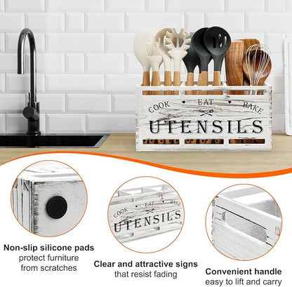 Wood Large Utensil Holder for Kitchen Counter Spatula Holder Cooking Utensils Organizer Farmhouse Utensil Caddy Rustic White Kitchen Decor Tools Gift Wooden Countertop Cutlery Caddy Spoon Holder