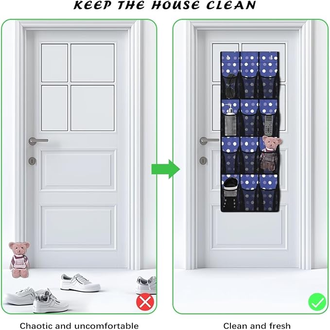 12-Pocket Over The Door Hanging Organizer, Lightweight Oxford Cloth Waterproof Foldable and Perfect for Bathroom Bedroom or Closet Storage Solutions, Dots Print Dark Blue