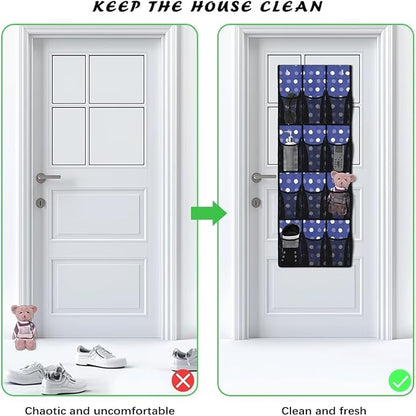 12-Pocket Over The Door Hanging Organizer, Lightweight Oxford Cloth Waterproof Foldable and Perfect for Bathroom Bedroom or Closet Storage Solutions, Dots Print Dark Blue