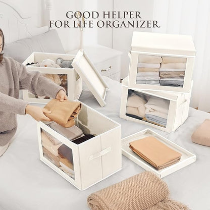 Homsorout Storage Bins with Lids, 3 Pack Large Storage Cubes with Window, Closet Bins with Lids & Handles, Fabric Box for Organizing Clothes, Towels, Books, Beige