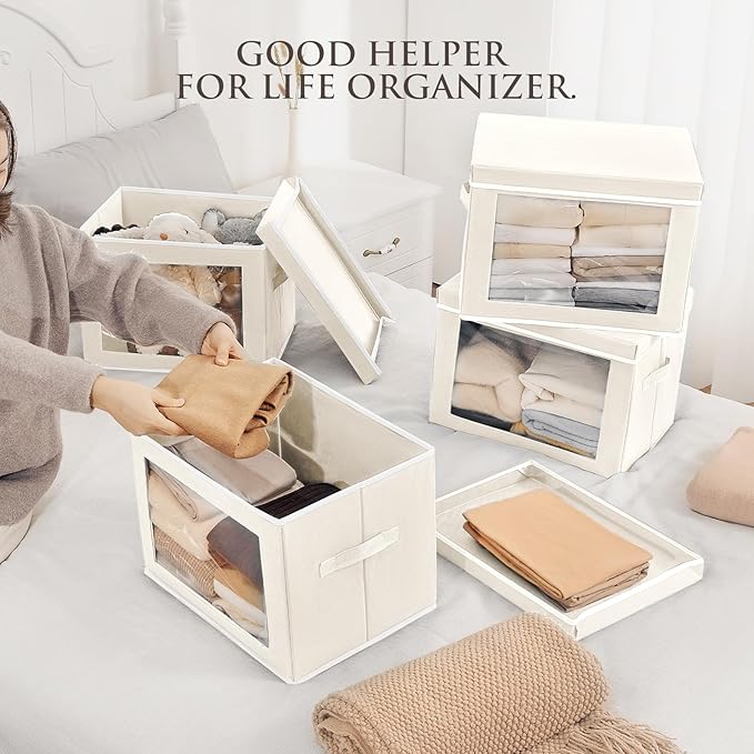 Homsorout Storage Bins with Lids - Large Decorative Basket with Lids, Fabric Foldable Closet Organizer Bins, Stackable Shelf Organizer for Living Room, Dorm, 5 Pack, Beige