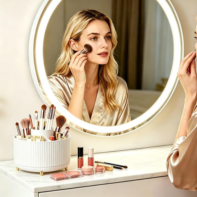 360°Rotating Makeup Brush Holder Organizer, White Countertop Cosmetic Display Case, Spinning Skincare Storage Carousel for Vanity, Desktop & Bathroom