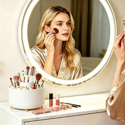 360°Rotating Makeup Brush Holder Organizer, White Countertop Cosmetic Display Case, Spinning Skincare Storage Carousel for Vanity, Desktop & Bathroom