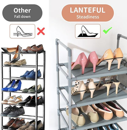 LANTEFUL 10 Tiers Tall Shoe Rack 20-25 Pairs Boots Organizer Storage Sturdy Narrow Shoe Shelf for Entryway, Closets with Hooks, Grey