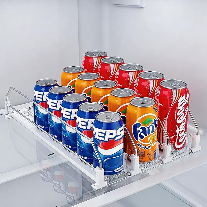 HIYOHIYO 3 Row Auto-Push Drink Organizer for Fridge, Automatic Pushing Can Dispenser for Supermarket Shelf Storage, Self Push Beverage Rack for Commercial Refrigerator Adjustable Width (Depth 15")
