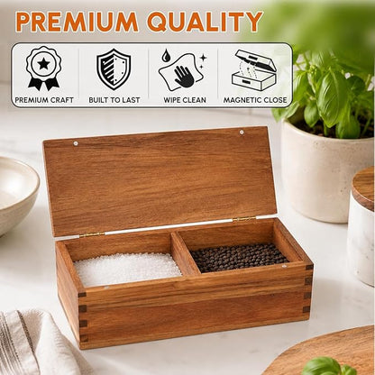 Vespara Acacia Wood Salt Cellar Spice Box with Flip Lid Storage, Large Capacity Salt Box for Kitchen, Gourmet Salts, Spices, Grilling & Cooking(2 natural)