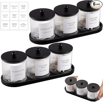 Vesici 6 Pack Bathroom Canisters Ribbed Apothecary Jars with Bamboo Lids 2 Bamboo Trays and 9 Label Stickers Cotton Swabs Holder Bathroom Organizer Storage Set Acrylic 18 oz Dispenser Container(Black)