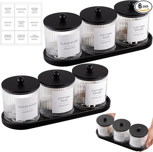 Vesici 6 Pack Bathroom Canisters Ribbed Apothecary Jars with Bamboo Lids 2 Bamboo Trays and 9 Label Stickers Cotton Swabs Holder Bathroom Organizer Storage Set Acrylic 18 oz Dispenser Container(Black)