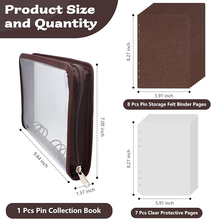 LIQALU Enamel Pin Display Book Pin Collection Binder Holder Trading Book with 8-Page Display Boards A5 Brooch Pin Storage Organizer Binder Album for Travel Collectors (Dark Brown)