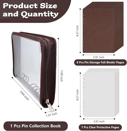 LIQALU Enamel Pin Display Book Pin Collection Binder Holder Trading Book with 8-Page Display Boards A5 Brooch Pin Storage Organizer Binder Album for Travel Collectors (Dark Brown)